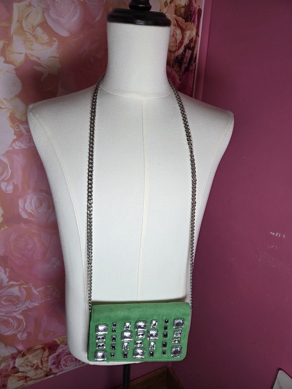 Green Embellished Chain Crossbody Bag